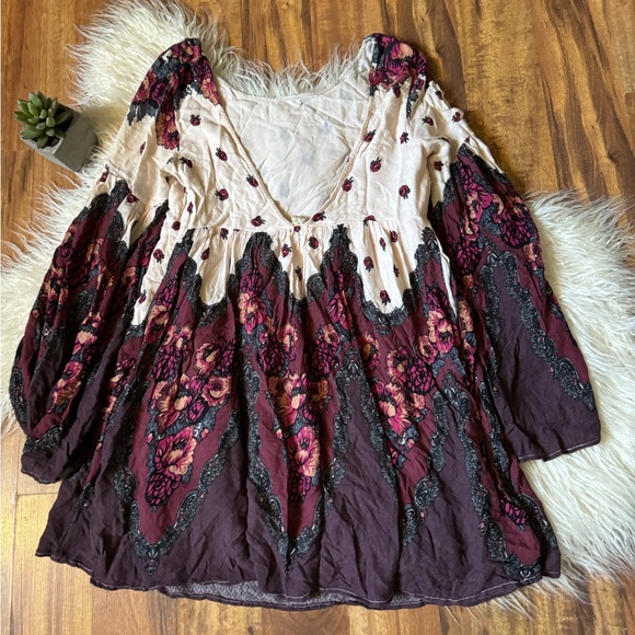 Free People Boho Floral Wide Sleeve Deep V Back Mini Dress - Picture 3 of 6